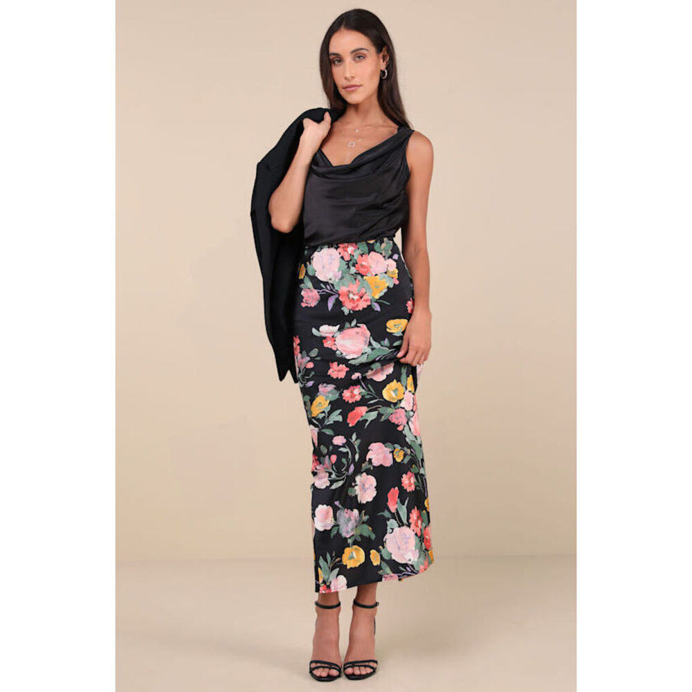 Lulus Black Floral Print Satin High-rise Maxi Skirt - Size M m NEW with tags